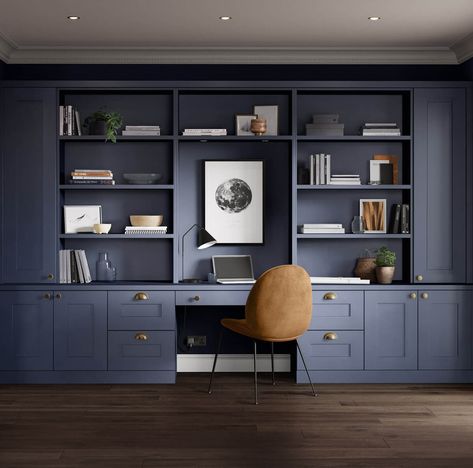 Blue Home Offices, Office Built Ins, Home Office Cabinets, Blue Office, Home Library Design, Built In Desk, Fitted Furniture, Home Office Space, Home Library