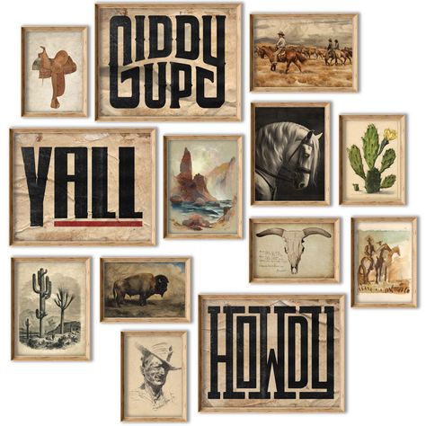 PRICES MAY VARY. Vintage Western Wall Decor: Bring the rugged charm of the Southwest into your home with this unique wall collage kit featuring desert landscapes and classic cowboy scenes. Rustic Aesthetic: Capture the essence of vintage cowboy style with 13 unique prints showcasing the beauty of the Southwest. Perfect for adding a touch of nostalgia to any room. Comprehensive Set: Includes a variety of sizes - 3pcs 8''x10'', 4pcs 5''x7'', and 6pcs 4''x6'' - along with 55 double-sided adhesive d Vintage Western Gallery Wall, Deer Cabin Decor, Rustic Entryway Decor, Moody Southwestern Decor, Western Themed Office, Ranch Home Decor, Western Home Decor Living Room, Cowboy Room Decor, Deer Camp Decor