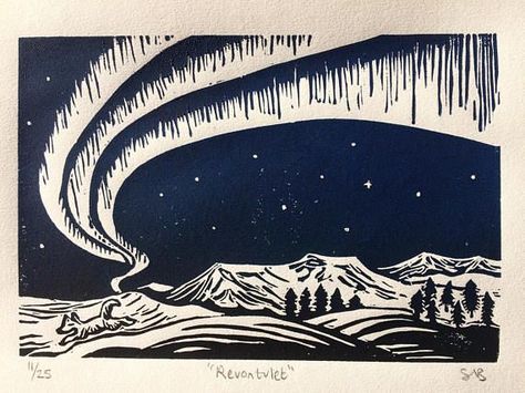 Fox Lino, Alaska Northern Lights, Relief Printmaking, Linoleum Print, Linocut Printmaking, Lino Art, Aurora Borealis Northern Lights, Linocut Art, Arctic Fox