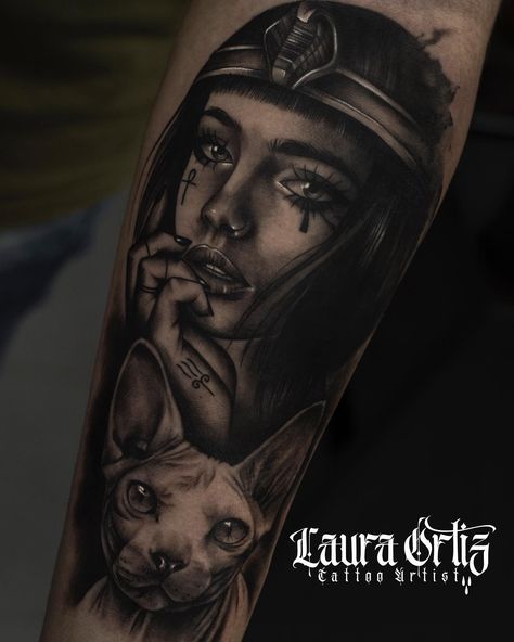 Laura Ortiz, Cleopatra Tattoo, Egyptian Cat Tattoos, Buddha Tattoos, Egypt Tattoo, Deer Tattoo, Egyptian Cat, Egyptian Tattoo, Cat Tattoo