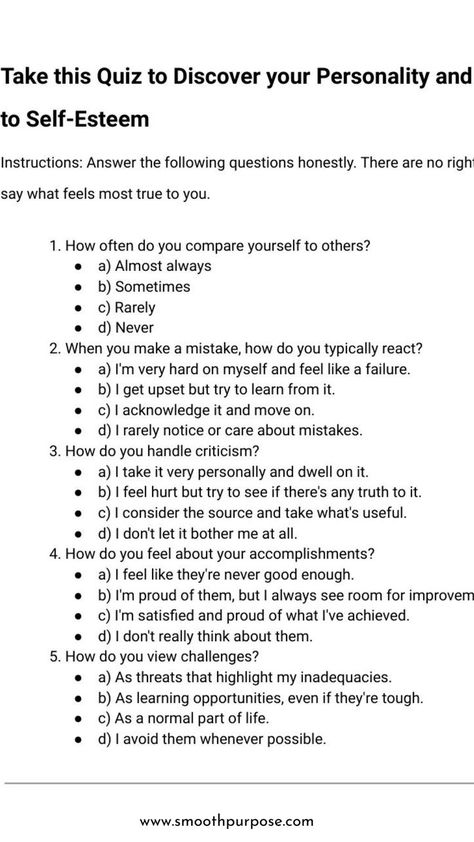 🌈 Discover Your Self-Worth with Our Self-Esteem Quiz! 🌈 Ever wondered where you stand on the self-esteem scale? Take our enlightening quiz and uncover insights about your self-worth. Are you ready to learn more about yourself? 🤔💖 #SelfEsteemQuiz #KnowYourWorth #ConfidenceCheck #SelfDiscovery #QuizTime #EmpowerYourself Self Esteem Quiz, Learn More About Yourself, Comparing Yourself To Others, Low Self Esteem, Self Worth, Be True To Yourself, Self Awareness, New You, Say What