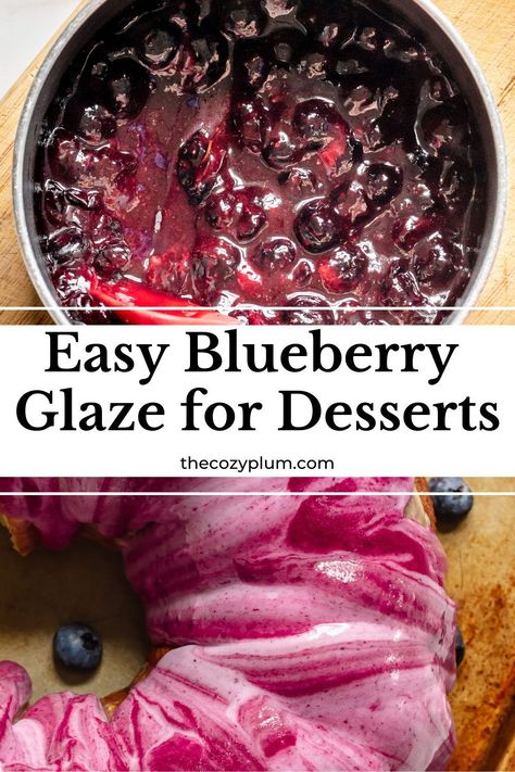 This quick and easy icing is the perfect blueberry glaze for cakes, cheesecakes, donuts, scones or pancakes! Adapt the color of the glaze to your liking or mix shades together to create a marbled effect! Blueberry Icing, Glaze For Blueberry Muffins, Blueberry Glaze Recipe, Blueberry Glaze Topping, Blueberry Glaze, Glazes For Cakes, Blueberry Sauce For Cake, Blueberry Donut Recipe, Blueberry Cake Donut Recipe