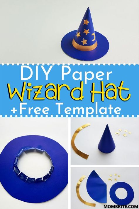 Want to make this fun paper wizard hat craft for some magical pretend play? Using supplies you already have at home, you too can make this Wizard Hat in no time with your kids! Check out the step-by-step tutorial here and be sure to grab your copy of the free wizard hat template! Felt Wizard Hat Diy, Diy Wizards Hat, Wizard Diy Costume, Magic Hat Crafts For Kids, Witches And Wizards Activities, Wizard Hat Craft, Witch Hat Crafts For Kids, How To Make A Wizard Hat, Diy Hats For Kids Crafts