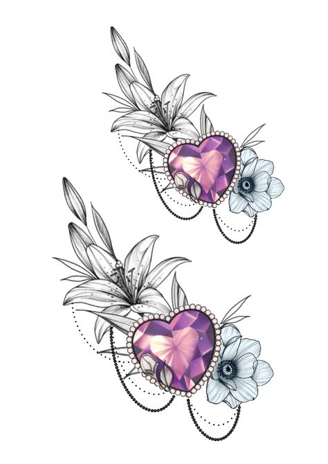 Rose And Jewel Tattoo, Amethyst Crystal Tattoo Ideas, Heart Gemstone Tattoo, Gemstone Heart Tattoo, Heart Jewel Tattoo Design, Filigree Tattoo, Miniature Printables, Roses Drawing, Feminine Tattoos