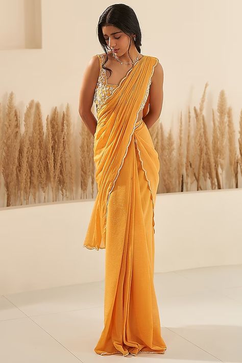 Mustard Metallic Georgette Embroidered Draped Saree Set Design by Zoon Tribe at Pernia's Pop Up Shop 2023 Yellow Saree Look Traditional, Plain Yellow Saree For Haldi, Plain Yellow Saree, Yellow Saree Look, Yellow Saree For Haldi, Yellow Chiffon Saree, Mustard Yellow Saree, Haldi Saree, Yellow Sarees