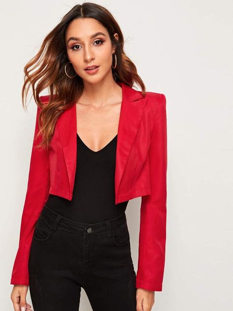 Shein Solid Crop Blazer Crop Blazer Outfit, Red Blazer Outfit, Cropped Outfits, Women Blazers, Gingham Jacket, Work Blazer, Bright Fabrics, Blazer Outfit, Crop Blazer