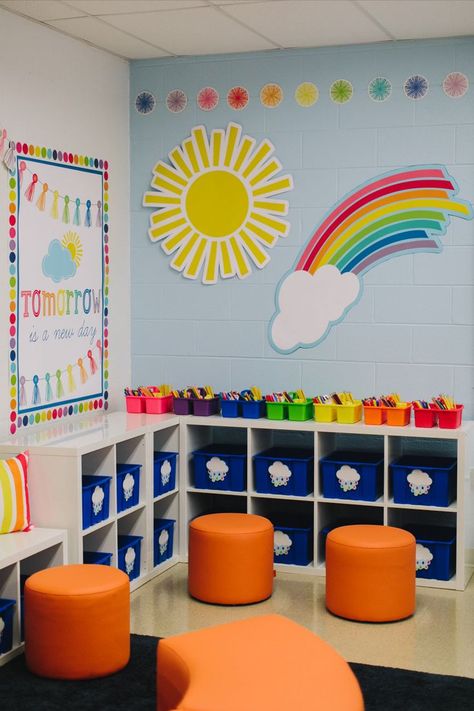 Colorful Preschool Classroom Themes, School Room Themes Ideas, Imagination Classroom Theme, Kindergarten Classroom Decor Themes Bright Colors, Colors Decoration Classroom, Classroom Colorful Theme, Sunshine And Rainbow Classroom, Theme Classroom Ideas Preschool, Clouds In Classroom