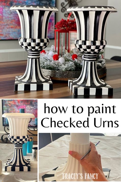 Have you seen how much those MacKenzie-Childs topiary urns sell for? $800!!! This is a budget-friendly way to get the same look. I'm all about the black + white patterns so I'd love to show you how I did it. Click over to the blog to see them in action ... and how I decorated them with pumpkins at Halloween. Plus I'll give you the exact paints I used, where I bought the original urns & exactly how to weather proof them so they can sit on your front porch for any season! #christmasporch #diydecor Mackenzie Childs Front Porch, Painting Mackenzie Childs Style, Mackenzie Childs Decor Inspiration, Mackenzie Childs Painted Furniture, Diy Mackenzie Childs Pumpkins, How To Paint Courtly Check, Mackenzie Childs Garden, How To Paint Like Mckenzie Childs, Mckenzie Childs Halloween