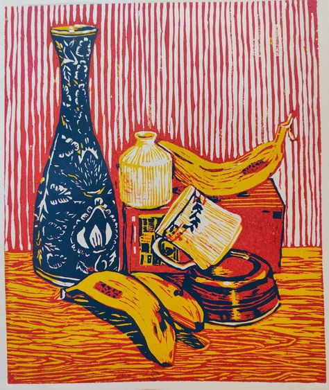 Still Life Woodcut, Colour Woodcut Print, Linocut Prints Still Life, Still Life Printmaking, Reductive Relief Print, Multicolor Printmaking, Kitchen Lithography, Linocut Color, Woodcut Art