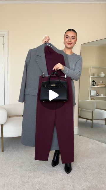 Skin Colour Pants Outfit, Autumn Outfits Hijab 2024, Black Outfit Combinations, Burgundy Color Block Outfit, Classic Colour Combinations, Winter Tone Outfits, Grey Burgundy Outfit, Gray Combination Color Clothes, Burgundy Coat Outfit Winter