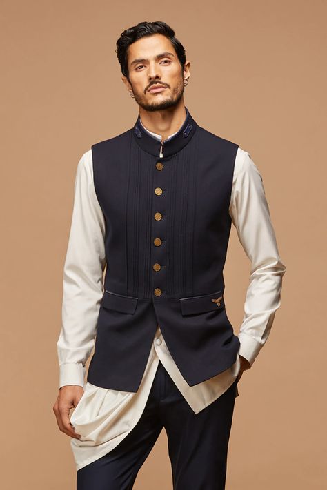 Buy Pintuck Nehru Jacket by S&N by Shantanu and Nikhil - Men at Aza Fashions Nehru Jacket For Men Formal, Waist Coat Men, Blouse Organza, Slim Fit Trousers Men, Man Dress Design, Nehru Jacket For Men, Shantanu And Nikhil, Stylish Mens Suits, Organza Lehenga