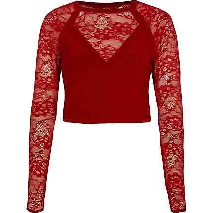 Red lace long sleeve crop top Lace Shirt Outfit, Lace Tops For Women, Lace Insert Top, Layered Lace Top, Chunky Cable Knit Cardigan, Red Lace Top, Lace Long Sleeve Top, Womens Knitwear, Lacy Tops