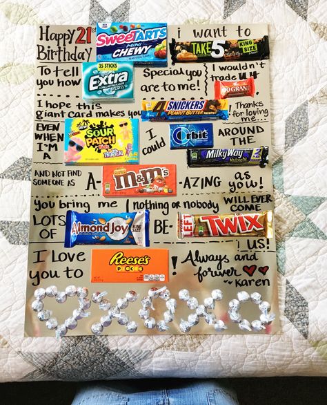 Boyfriend birthday gift, giant card, candy poster 🍬🍭🍫 Candy Birthday Cards, Candy Posters, Candy Bar Poster, Crafts For Boyfriend, Candy Boards, Diy Crafts For Boyfriend, Bar Posters, Homemade Birthday Gifts, Candy Bar Posters