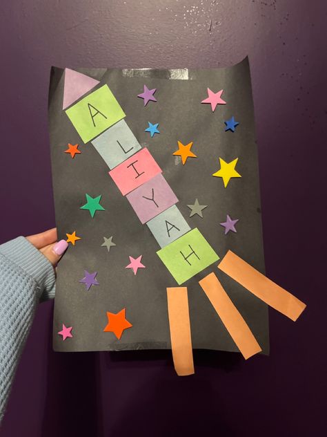 Pre cut all shapes for campers, let them pick colours and foamies to decorate! Let them also glue and write there own name! Name Rocket, Ship Name, Name Recognition, Camp Crafts, Ship Names, Rocket Ship, Shape Crafts, Camping Crafts, All Shapes