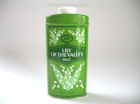 LILY of the VALLEY by Boots the Chemist, vintage talcum powder tin, green and white flowers, retro 1970s Boots Chemist, Talcum Powder, Vanity Accessories, Metal Bottles, Vintage Packaging, Retro 70s, Vintage Vanity, Beauty Accessories, Lily Of The Valley