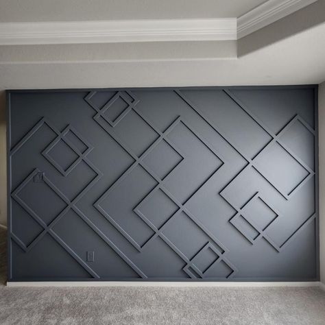 Washroom Wall Design, Geometric Pattern Wall Design, Contemporary Wainscoting Ideas, Geometric Wall Paneling, Stairs Feature Wall, Wall Accent Ideas, Wall Decor Design Ideas, Creative Accent Wall Ideas, Custom Wall Design