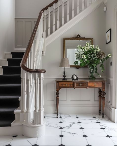 My love for checked flooring continues 🤎 We’ve just ordered our new tiles for our hallway, we’ve gone with black and white marble check tiles which I think will look fabulous with our new anthracite grey double front door! I’ve been absolutely useless sharing it on here, but hopefully I’ll be able to show you all our new hallway soon. Which image is your favourite? I think I’m going towards the brown and white marble tiles in the bathroom, it’s a beautiful contemporary twist. #hallway #ha... Check Tiles, Brown And White Marble, Foyer Flooring, Georgian Interiors, Hall Flooring, Tiled Hallway, Entryway Inspiration, White Marble Tiles, Wainscoting Panels