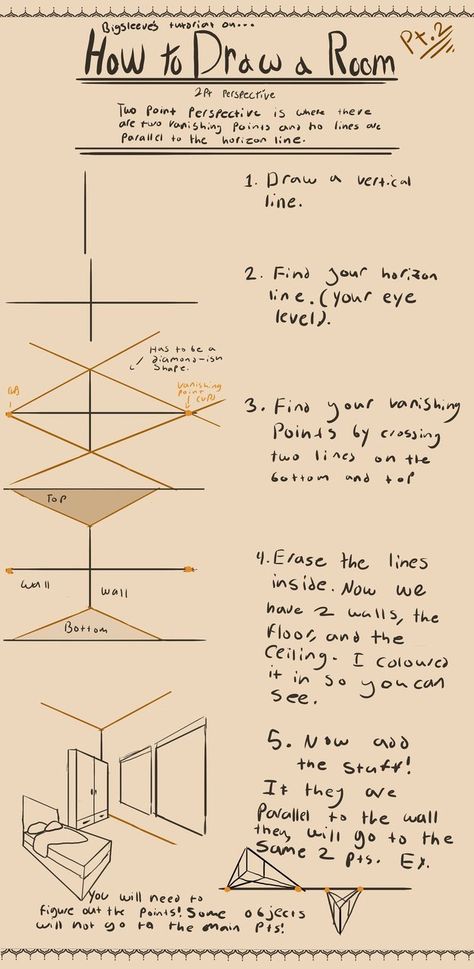 2 Point Perspective Drawing Reference, 2point Perspective Room, Room In 1 Point Perspective, How To Draw A Corner Of A Room, How To Draw Perspective Room, 2 Point Perspective Tutorial, How To Practice Drawing Backgrounds, Drawing Room Perspective, Art Perspective Tips