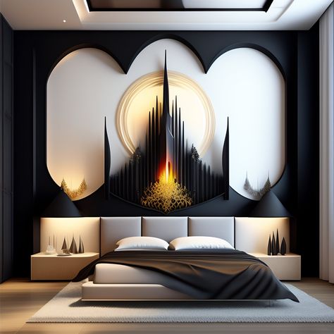 Wall art in bedroom interior Hotel Room Interior Luxury, Goddess Bedroom, Rustic Bed Design, Ultra Modern Bedroom, Gold Bed Frame, Bedroom Luxury Design, Bed Design Modern Luxury, Furniture Sets Design, Japanese Homes