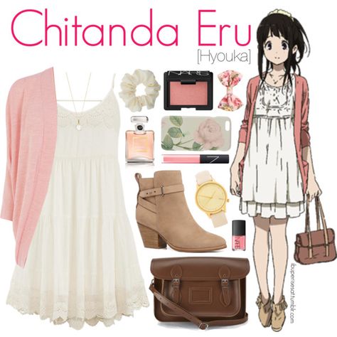 Casual cosplay of Eru Chitanda (from Hyouka anime series)-- character inspired outfit Otaku Clothes, Everyday Cosplay, Character Inspired Outfits, Fandom Fashion, Fandom Outfits, Anime Inspired Outfits, Casual Cosplay, Cambridge Satchel, Mode Inspo