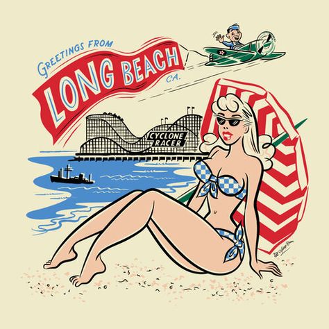 Long Beach Pike, Rockabilly Artwork, 50s Beach, Comic Illustrations, Vehicle Illustration, Pin Up Drawings, Pin Up Illustration, Comic Book Art Style, Mid Century Illustration