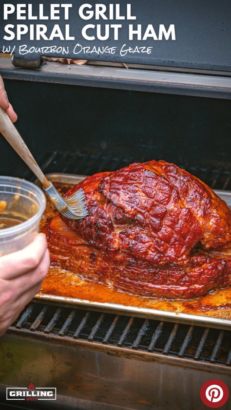 brushing a spiral cut ham with orange bourbon glaze Traeger Ham Recipes, Spiral Ham On The Grill, Smoked Boneless Ham Recipes, Smoked Ham Pitboss, Ham Traeger, Smoked Ham Recipes Smokers, Traeger Ham, Smoked Ham On Pellet Grill, Pellet Grill Ham Recipe