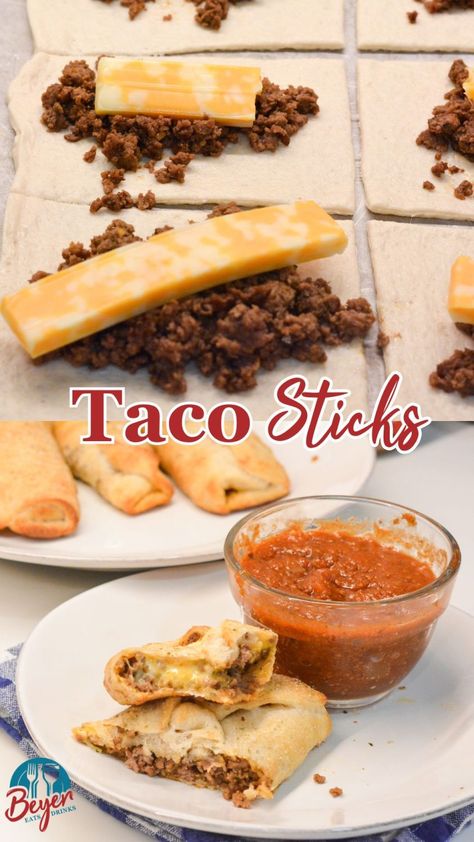 Taco sticks are made by wrapping taco meat and a colby-jack cheese stick in pizza dough then baking for 10 minutes for an easy weeknight meal recipe. Taco With Pizza Dough, Taco Braid Pizza Dough, Taco Roll Ups Pizza Dough, Taco Stromboli Recipe, Taco Sticks With Pizza Dough, Twist On Taco Night, Taco Sticks With Crescent Rolls, Hand Held Food Ideas, Taco Breadsticks