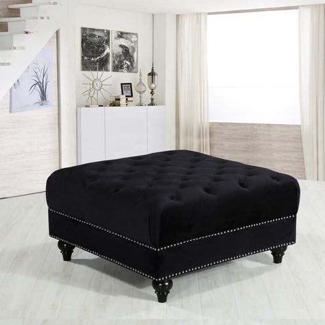 Black Sectional, Black Velvet Fabric, Kelly Clarkson Home, House Items, Black Ottoman, Velvet Ottoman, Dark Style, Tufted Ottoman, Meridian Furniture