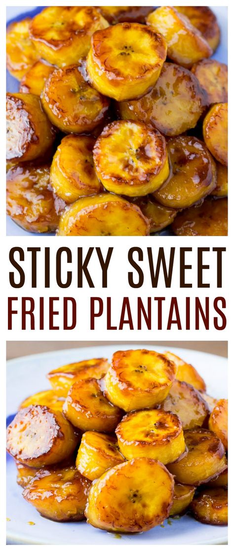 Sticky Sweet Fried Plantains are great as a side dish recipe or enjoy them as dessert with a scoop of ice cream! They bring a delicious taste of the islands to any meal! | #dlbrecipes #plantains #friedplantains #sweetplantains #sidedish What To Eat With Plantains, Ripe Plantain Recipes Healthy, Maduros Recipe Sweet Plantains, Fried Plantains Sweet, Sweet Plantain Recipes, Plantain Recipes Sweet, Island Desserts, Fried Plantain Recipe, Sweet Fried Plantains