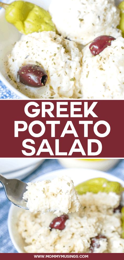 Greek Potato Salad is a delicious twist on classic potato salad made with feta cheese, Greek dressing and kalamata olives #potatosalad #sidedishrecipes #sidedish #potatorecipes #potluck Greek Potatoe Salad Recipe, Greek Salad With Potato Salad, Greek Style Potato Salad, Greek Potato Salad No Mayo, Greek Side Dishes Easy, Greek Potato Salad Recipe, Mediterranean Potato Salad, Potato Salad Greek, Mediterranean Sides