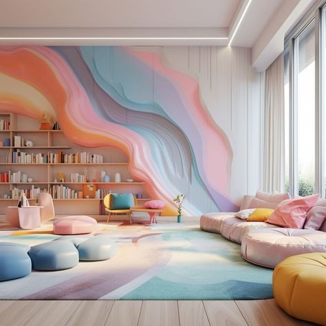 Kids Playroom Ideas Colorful, Pastel Playroom Ideas, Pastel Rainbow Room, Pink Playroom, Pastel Playroom, Pastel Interior Design, Pastel Interior, Kids Room Interior Design, Kids Interior Design