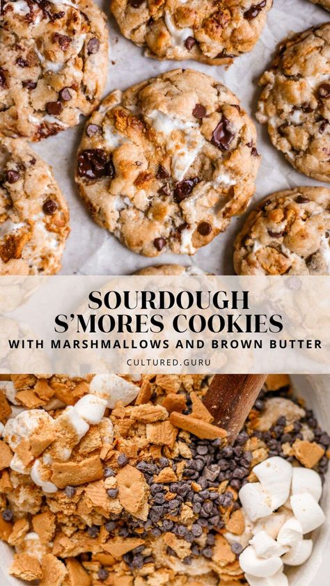 S'mores are a beloved campfire treat, but have you ever considered combining these gooey, chocolatey delights with cookies? Sourdough S'mores Cookies with Marshmallows and Brown Butter offer a delightful twist on the classic campfire snack. #sourdough #smores #cookies #marshmallows Cookies Sourdough, Cookies With Marshmallows, Campfire Snacks, Recipe Using Sourdough Starter, S Mores Cookies, Sourdough Starter Discard Recipe, Homemade Sourdough Bread, Smores Cookies, Sourdough Starter Recipe