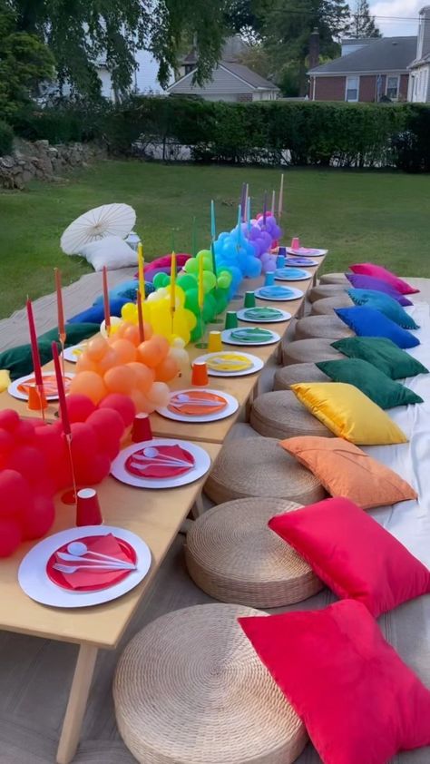 Color Party Table Decor, Cocomelon Picnic Party, Color Parties Ideas, Cocomelon Party Table Set Up, Colourful Party Theme, Colourful Birthday Party, Colors Birthday Party Theme, Colour Picnic Ideas, Color Picnic Ideas