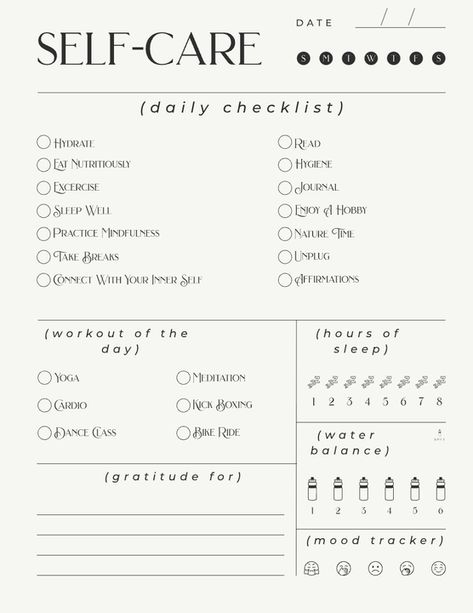 White Modern Lines Clean Daily Self-Care Planner Self Care Menu, Daily Self Care Checklist, Daily Self Care, Daily Checklist, Self Care Checklist, Health Planner, Mood Tracker, Dance Class, Better Sleep