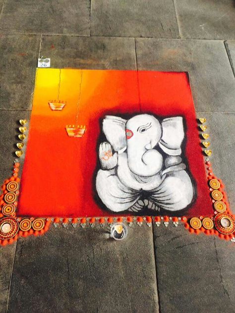 Ganesh rangoli from rangoli art followers G20 Rangoli Design, Ganpati Rangoli Designs Latest Unique, Ganesh Rangoli Design Simple, Ganesh Rangoli Creative, Big Rangoli Designs For Competition, Roop Chaudas Rangoli, Ganapati Rangoli Designs, Poster Rangoli Designs For Competition, Diwali Rangoli Designs Beautiful