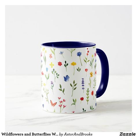 Wildflowers and Butterflies Watercolor Pattern Mug Coffee Mug Pottery Painting Ideas, Floral Mug Painting, Diy Plates, Pottery Painting Ideas Easy, Random Diys, Wildflowers And Butterflies, Clay Cafe, Diy Pottery Painting, Pattern Mug