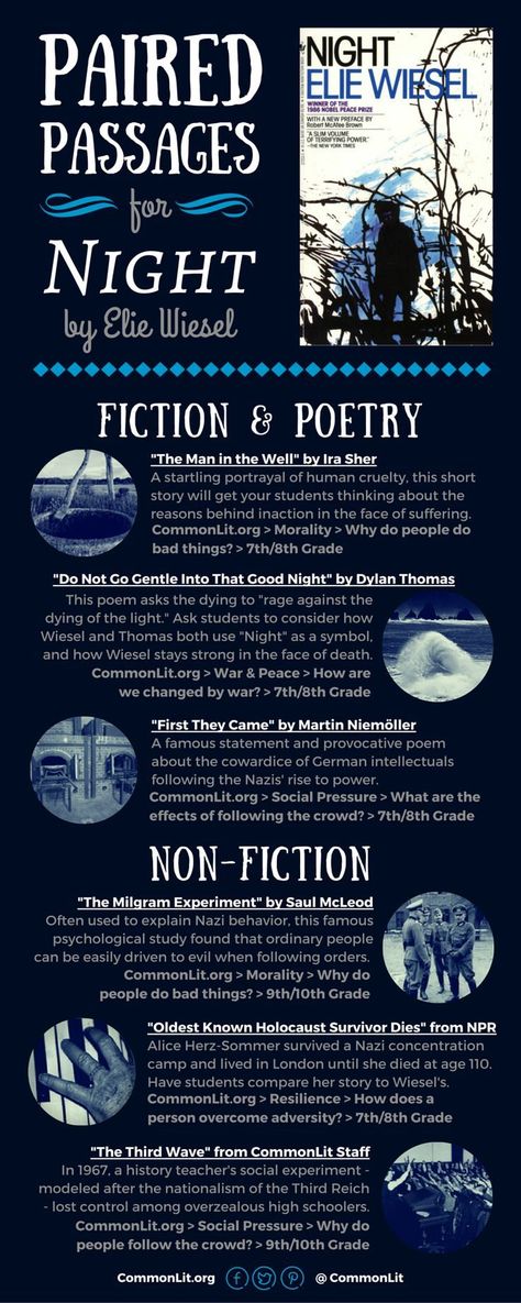 Teaching Night by Elie Wiesel? Use these paired passage suggestions to get your students thinking about the major themes of the memoir. All texts are freely available at Commonlit.org. Night Elie Wiesel Projects, Elie Weisel, Teaching Night, Direct Quotes, Night By Elie Wiesel, Reading Night, Teaching Literature, Secondary English, Ap English