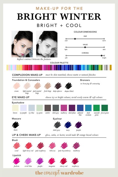 The Bright Winter Make-up Palette - the concept wardrobe Bright Winter Celebrities, Clear Winter Palette, Winter Make-up, The Concept Wardrobe, Pinterest Infographic, Winter Skin Tone, Winter Make Up, Concept Wardrobe, Cool Winter Color Palette