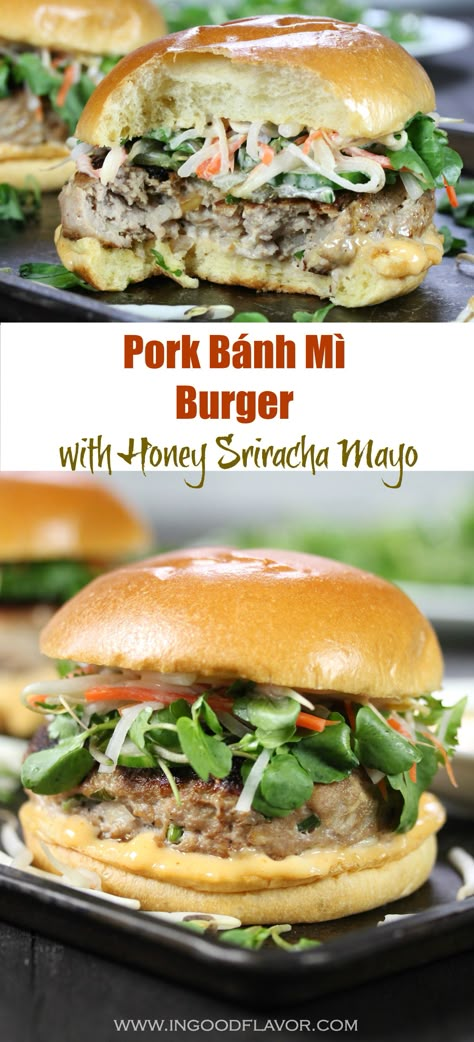 Pickled Carrots And Daikon, Pork Burgers Recipes, Vegan Vegetable Recipes, Vietnamese Sandwich, Ground Pork Recipes, Brioche Bun, Cucumber Slices, Asian Pork, Sriracha Mayo