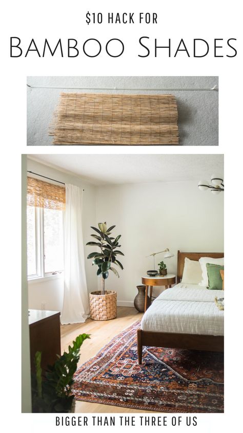 DIY Bamboo Shades for the Layered Window "Look". #bambooshades #diybamboo #layeredwindows Bamboo Window Shades Bedroom, Roll Up Bamboo Shades, Cheap Bamboo Blinds, Bedroom Bamboo Shades, Rv Bamboo Blinds, Bamboo Window Blinds, Bamboo Window Treatments, Bamboo Shades With Curtains, Bamboo Shades Bedroom