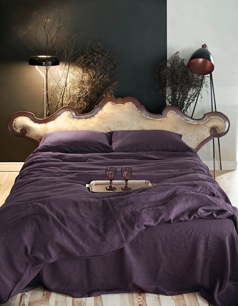 Aubergine / Deep Purple Linen Duvet Cover Soft and Natural 100% Flax Material for Queen, King, and Full Sizes Free Shipping - Etsy Unique Duvet Covers, Aubergine Color, Boho Duvet Cover, Boho Duvet, Purple Linen, Green Duvet, Linen Duvet Cover, King Size Pillows, Quilted Duvet