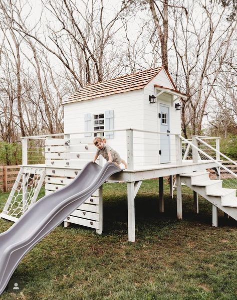 Unique Playhouse Outdoor, Playhouse Outdoor Ideas, White Playground, Outdoor Wooden Play House Makeover, White Playhouse Outdoor, White Playset Outdoor, Outdoor Playhouse Town, Kids House Garden, Toddler Playhouse Kidkraft