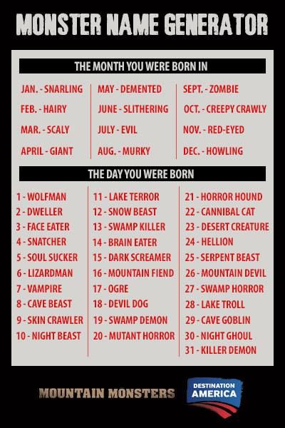 Monster Name Generator                                                                                                                                                                                 More Halloween Name Generator, Names For Monsters, Monster Names Ideas, Skin Crawler, Swamp Demon, Soul Sucker, Funny Name Generator, Names Generator, Birthday Scenario