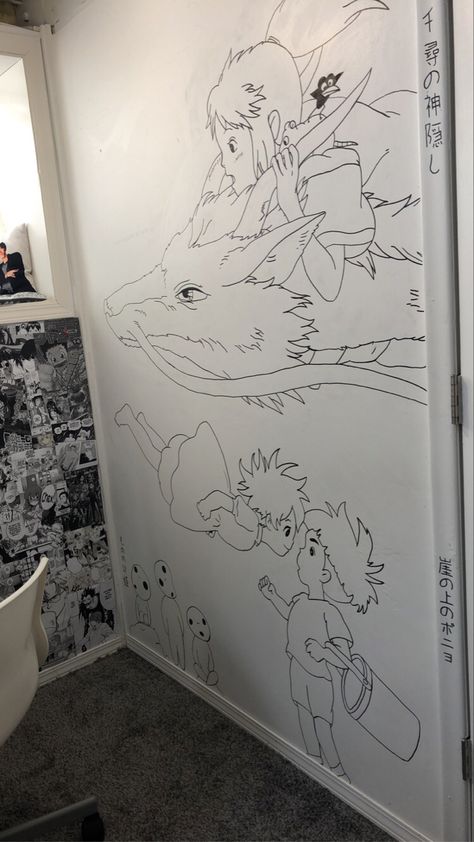 black outline of anime characters from the movies ponyo, spirited away, and princess mononoke Gibli Studio Bedroom, Ghibli Wall Painting, Anime Wall Drawing, Studio Ghibli Mural, Anime Wall Painting Ideas, Studio Ghibli Bedroom Ideas, Drawing On Walls Bedrooms, Princess Mononoke Painting, Anime Wall Art Bedroom