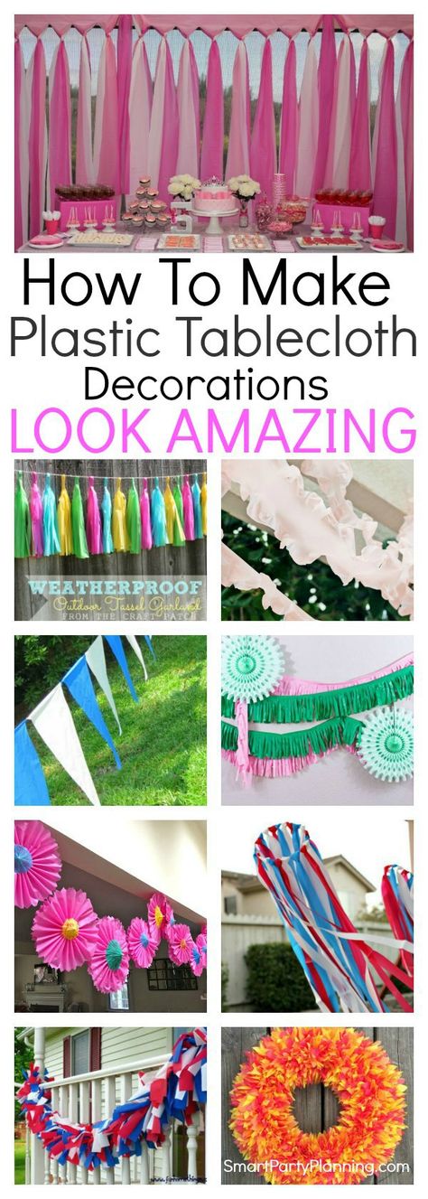 These 12 easy plastic tablecloth decorations will make decorating for parties a breeze. With all the items easily purchased from dollar stores, they are not only effective and easy to make, but really cheap too. Whether you want to make a photo booth backdrop, streamers or simply jazz up table runners, all the party ideas are here for you. Party decoration could not be easier. Plastic Tablecloth Decorations, Table Cover Backdrop, Backdrop Streamers, Tablecloth Decorations, Diy Fotokabine, Trendy Party Decor, Diy Wedding On A Budget, Streamer Backdrop, Table Cloth Decorations