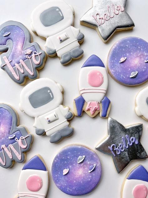 Girl Outer Space Birthday Cookies, Two the Moon Party Favors, Pink Purple Rocketship Cookies, Astronaut Cookies, Galaxy Cookies - Etsy Two The Moon And Back Birthday Party Girl, Two The Moon Birthday Cookies, Pink Space Birthday Party, Girls Galaxy Birthday Party, Space Girl Birthday Party, Girl Astronaut Party, Spaceship Pinata, Two The Moon Birthday, Out Of This World Birthday Party