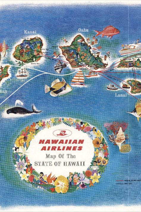 A retro Hawaiian Airlines map of Hawaii from 1963, showcasing flight routes and illustrated islands. This vibrant map poster captures the essence of Aloha style with its tropical colors and vintage design. Perfect as wall art, this map adds a touch of Hawaiian charm to any home decor. Makes an ideal gift for those who appreciate the beauty and history of Hawaii Tropical Map, Map Of Hawaii, Islands Of Hawaii, Hawaiian Airlines, Island Map, Hawaii Island, Air Travel, Tropical Paradise, Map Poster