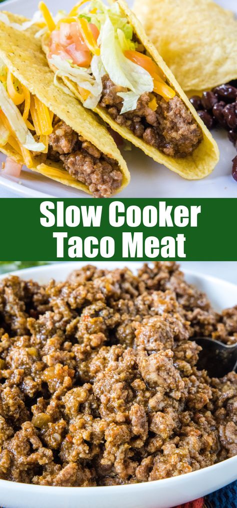 This slow cooker taco meat is an easy, 3-ingredient crock pot recipe that's packed with flavor. Perfect for parties and busy weeknights! #slowcooker #crockpot #tacomeat Crock Pot Walking Tacos, Crockpot Tacos Beef, Taco Crockpot Recipes, Taco Meat In Crockpot, Tacos In Crockpot, Crock Pot Taco Meat, Slow Cooker Taco Meat, Crockpot Tacos, Crockpot Taco Meat