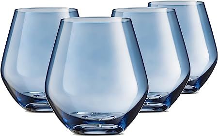 Everyone needs a good stemless wine glass and this set of 4 is the perfect color blue for your modern coastal dining room! 17 oz glasses, set of four. Clear Drinking Glasses, Prosecco Wine, Colored Wine Glasses, Blue Wine Glasses, Vintage Drinking Glasses, Christmas Glasses, Blue Glassware, Red Wine Glasses, Wine Set