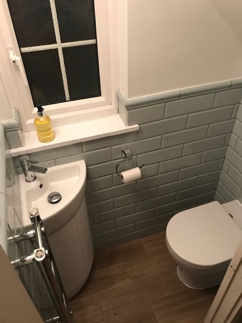 Half Tile Downstairs Toilet, Half Tiled Cloakroom Downstairs Loo, Tiny Downstairs Loo, Small Cloakroom Sink, Sage Green Downstairs Toilet Ideas, Downstairs Toilet Corner Sink, Corner Toilet Ideas, Half Tiled Toilet Room, Corner Sink Cloakroom